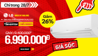 DEAL HOT 28/07: Điều hòa  LG Inverter 1 chiều 9000BTU (1HP) V10ENW DUALCOOL giảm 26%, giá chỉ còn 6,990,000đ